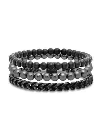 Anthony Jacobs Men's  Black Ip, Hematite And Stainless Steel 3pcs Bracelet Set