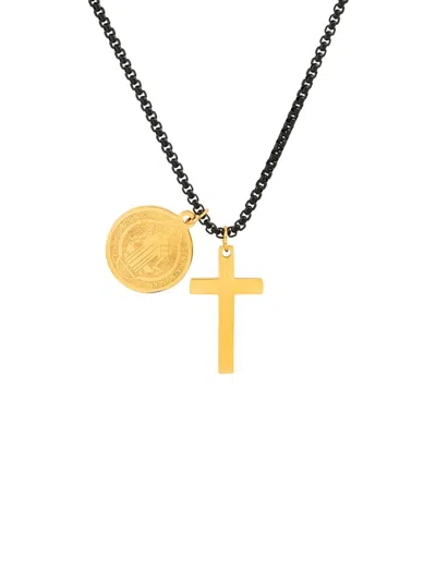 Anthony Jacobs Men's Black Ip Stainless Steel Cross & St. Benedict Pendant Necklace In Gold