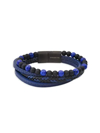 Anthony Jacobs Men's Black Ip Stainless Steel, Leather, Lapis Lazuli & Lava Layered Bracelet