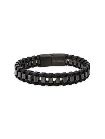 Anthony Jacobs Men's Black Ip Stainless Steel, Leather, Lapis Lazuli & Lava Layered Bracelet