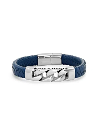Anthony Jacobs Men's Braided Leather & Stainless Steel Bracelet In White Gold Blue