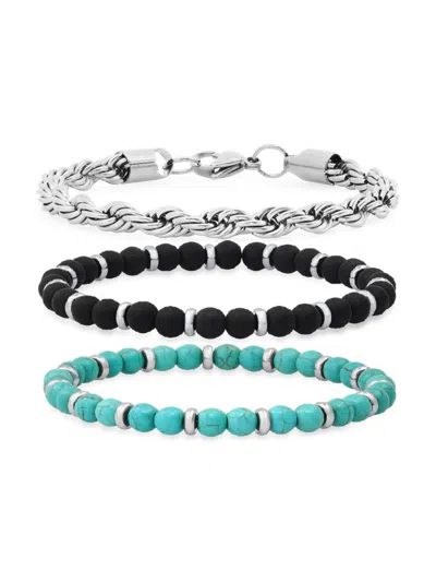 Anthony Jacobs Men's Set Of 3 Stainless Steel Rope Chain, Turquoise & Agate Bracelet Set