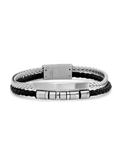 Anthony Jacobs Men's Stainless Steel & Braided Leather Id Bracelet In Black