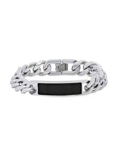 Anthony Jacobs Men's Stainless Steel & Simulated Onyx Cuban Chain Id Bracelet In Silver