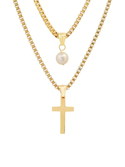 Anthony Jacobs Men's Stainless Steel Cross & Pearl Pendant Layered Necklace In Goldtone