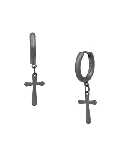 Anthony Jacobs Men's Stainless Steel Cross Drop Earrings In Black Stainless Steel