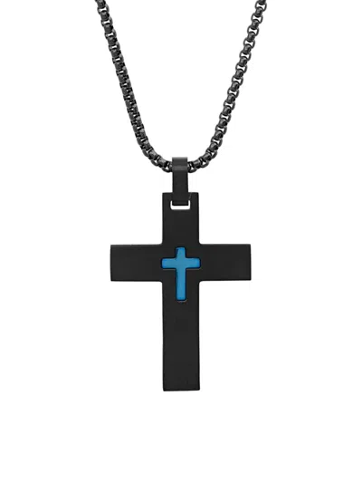 Anthony Jacobs Men's Stainless Steel Cross Pendant Necklace In Black Blue