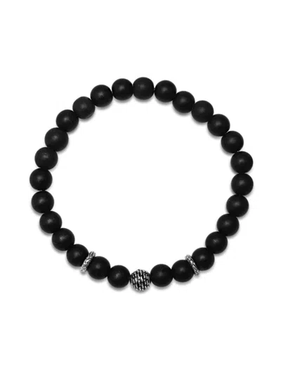 Anthony Jacobs Men's Sterling Silver & Black Lava Beaded Stretch Bracelet