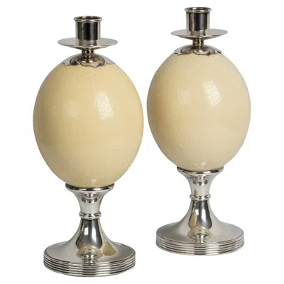 Pre-owned Anthony Redmile London Pair Of Ostrich Egg Mounted Silver Plate Candlesticks, Anthony Redmile C.1970 In Sand