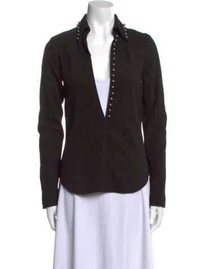 Pre-owned Anthony Vaccarello Calfskin V-neck Button-up Top In Black