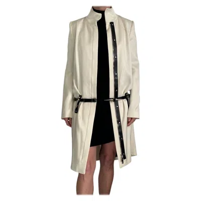 Pre-owned Anthony Vaccarello Hardcore Spike White Midi Coat Black Leather Belt & Trim