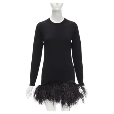 Pre-owned Anthony Vaccarello Saint Laurent 100% Cashmere Black Ostrich Feather Trim Mini Sweater Dress Xs