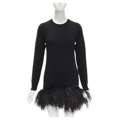 Pre-owned Anthony Vaccarello Saint Laurent 100% Cashmere Black Ostrich Feather Trim Mini Sweater Dress Xs