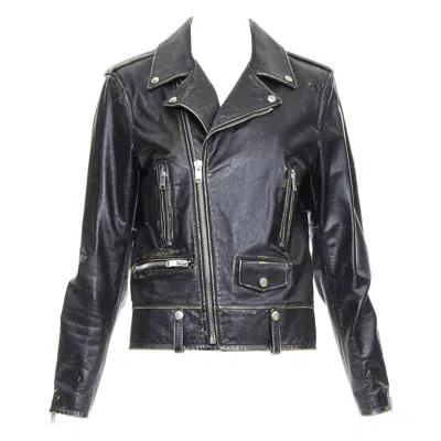 Pre-owned Anthony Vaccarello Saint Laurent 2015 Black Calfskin Distressed Classic Biker Jacket Fr46 S