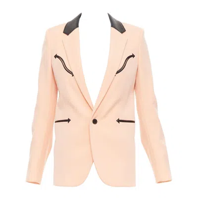 Pre-owned Anthony Vaccarello Saint Laurent 2018 Peach Pink Wool Black Leather Trim Blazer Jacket Fr36 S