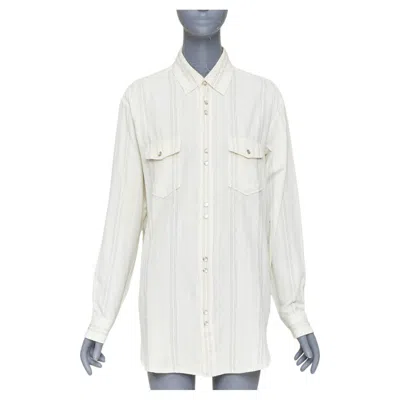 Pre-owned Anthony Vaccarello Saint Laurent 2019 Cream Modal Blend Gold Metallic Stripe Weaved Western Shirt S In White