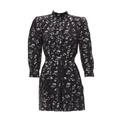 Pre-owned Anthony Vaccarello Saint Laurent 2019 Musical Note Silver Embroidered Puff Sleeve Mini Dress Fr34 In Black