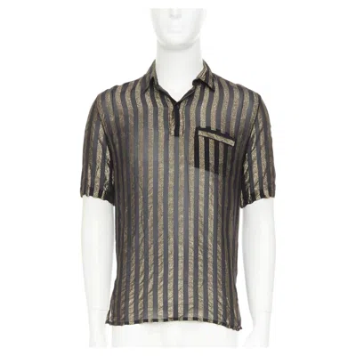Pre-owned Anthony Vaccarello Saint Laurent 2019 Runway Gold Metallic Lurex Striped Sheer Polo Shirt Eu38 S In Gray