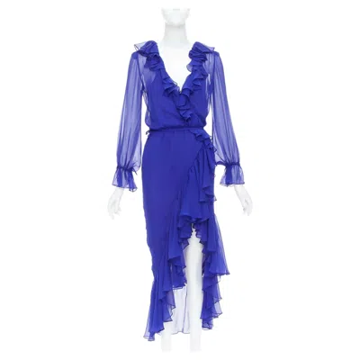 Pre-owned Anthony Vaccarello Saint Laurent 2020 Runway Majorelle Cobalt Blue Silk Ruffle Wrap Dress Fr36 S