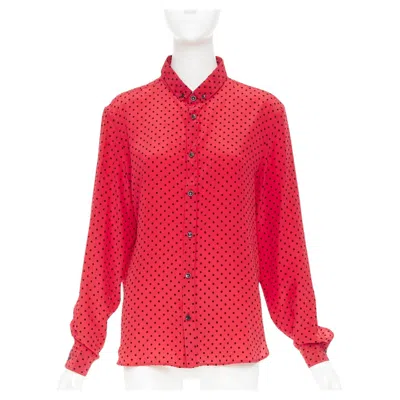 Pre-owned Anthony Vaccarello Saint Laurent 2021 100% Silk Polka Dot Ladybug Velvet Print Casual Shirt Fr38 M In Red