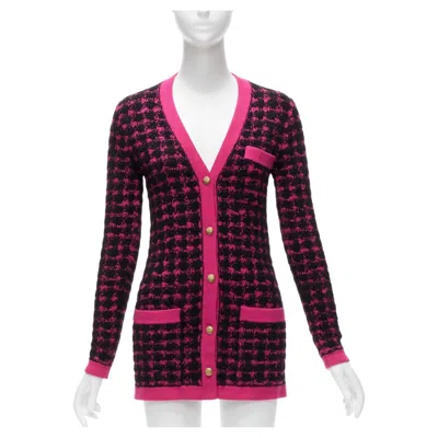 Pre-owned Anthony Vaccarello Saint Laurent 2021 Black Pink Houndstooth Wool Alpaca Preppy Cardigan Jacket Xs