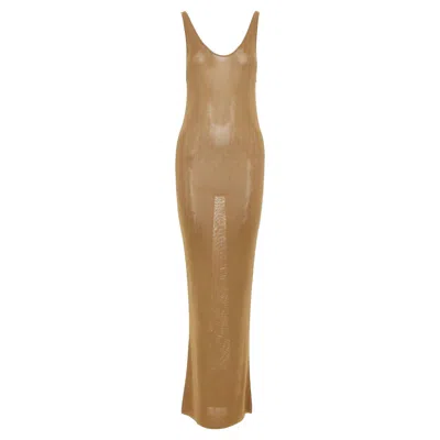 Pre-owned Anthony Vaccarello Saint Laurent 2022 Brown Slinky Scoop Neck Sheer Knit Maxi Dress Xs