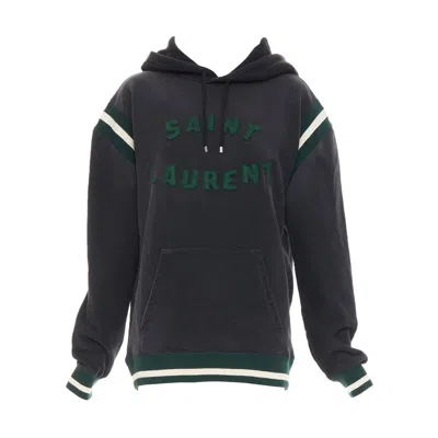 Pre-owned Anthony Vaccarello Saint Laurent 2022 Grey Washed Cotton Green Alpaca Logo Patch Varsity Hoodie Xs
