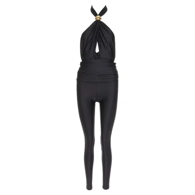 Pre-owned Anthony Vaccarello Saint Laurent 2022 Runway Black Gold Metal Brooch Halter Cutout Jumpsuit Sz.2 M