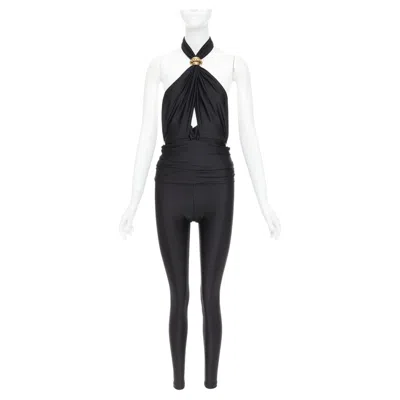 Pre-owned Anthony Vaccarello Saint Laurent 2022 Runway Gold Metal Brooch Halter Cutout Jumpsuit Sz. 1 Xs In Black