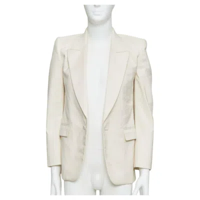 Pre-owned Anthony Vaccarello Saint Laurent 2023 Cream Multi Silk Blend Satin Lapel Tuxedo Blazer It44 Xs In White