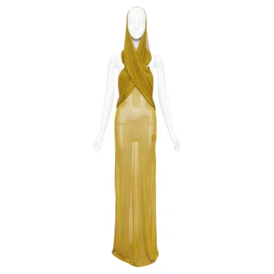 Pre-owned Anthony Vaccarello Saint Laurent 2023 Runway Gold Hooded Draped Maxi Sheer Dress Fr34 Xs In Brown