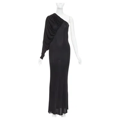 Pre-owned Anthony Vaccarello Saint Laurent 2023 Shiny Viscose Jersey Ruched One Sleeve Dress Gown Fr40 L In Black