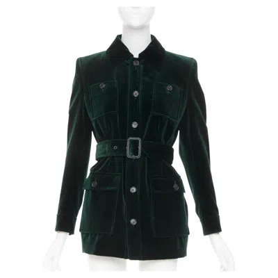 Pre-owned Anthony Vaccarello Saint Laurent 2025 Saharienne Emeraude Green Belted Cotton Velvet Jacket Fr34 Xs