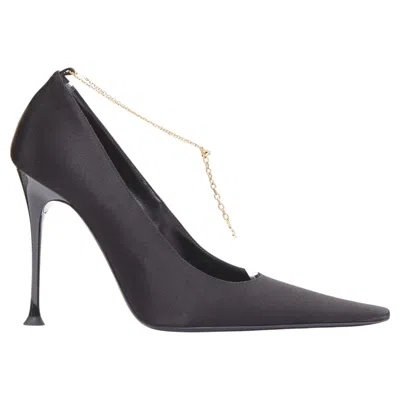 Pre-owned Anthony Vaccarello Saint Laurent Black Satin Gold-tone Ysl Chain Anklet Point Toe Stiletto Eu38