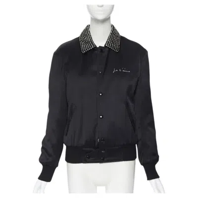 Pre-owned Anthony Vaccarello Saint Laurent Je T'aime Teddy Black Satin Crystal Collar Bomber Jacket Fr34