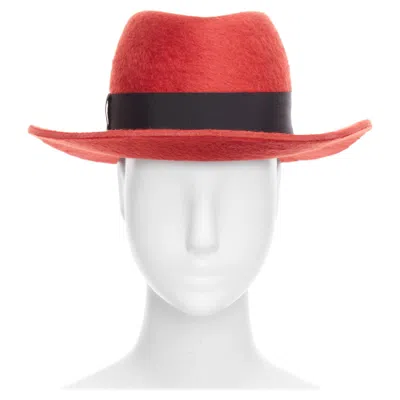 Pre-owned Anthony Vaccarello Saint Laurent Red Rabbit Felt Black Grosgrain Leather Lined Fedora Hat