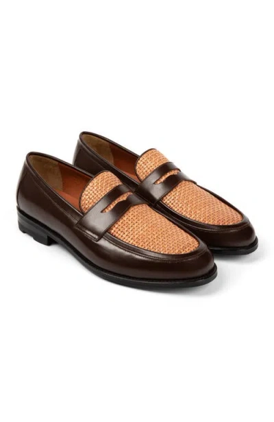 Anthony Veer Mercer Penny Loafer In Maple Brown Leather & Woven