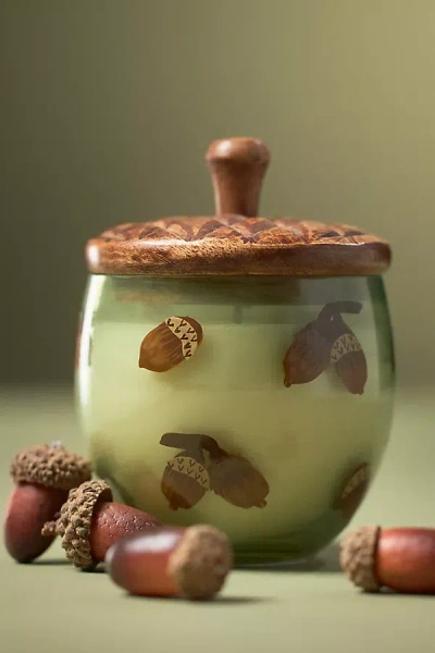 Anthropologie Acorn Gourmand Sweet Maple & Chai Handpainted Glass Candle In Multi
