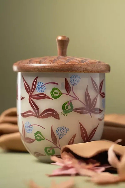 Anthropologie Acorn Woody Leather & Leaves Handpainted Glass Candle In Multi