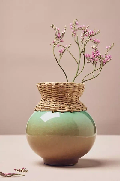 Anthropologie Alina Rattan Woven Ombre Clay Vase