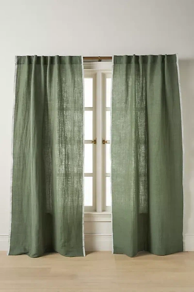 Anthropologie Amande Linen Cotton Curtain With Striped Trim In Green