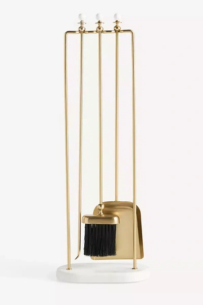 Anthropologie Amara Brass & Marble Fireplace Tool Set In Gold