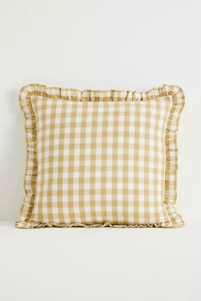 Anthropologie Ana Cotton Gingham Printed Ruffle Pillow In Yellow