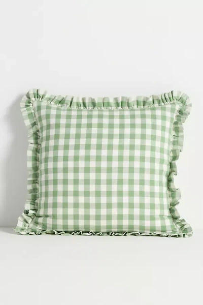 Anthropologie Ana Cotton Gingham Printed Ruffle Pillow In Green