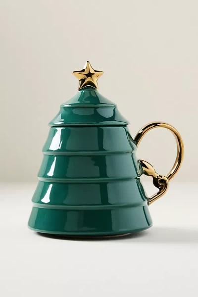 Anthropologie Arbol Tree Lidded Stoneware Mug In Green