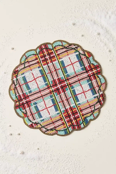 Anthropologie Beaded Plaid Holiday Placemat In Multi