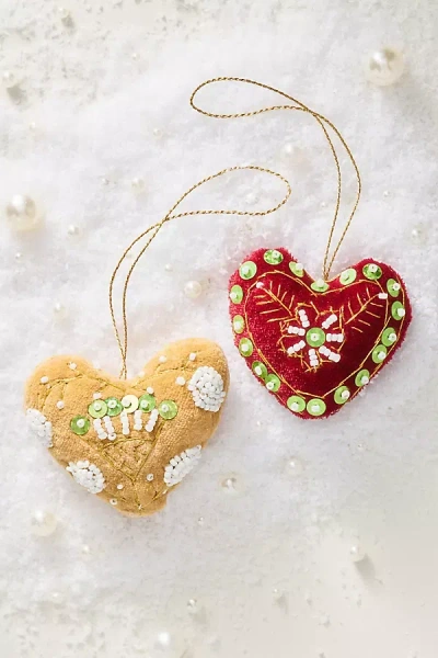 Anthropologie Beaded Velvet Heart Ornament In Multi