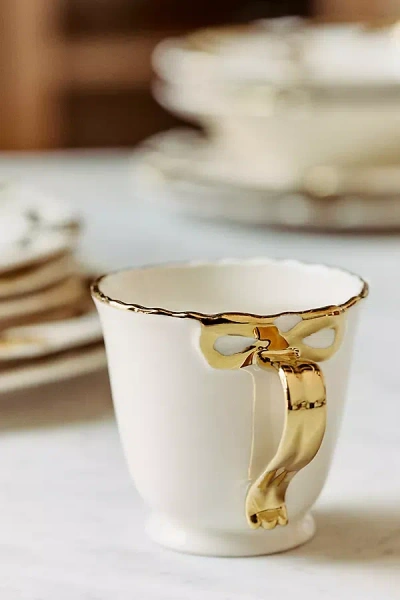 Anthropologie Benedita Bow Stoneware Gold Mug In White