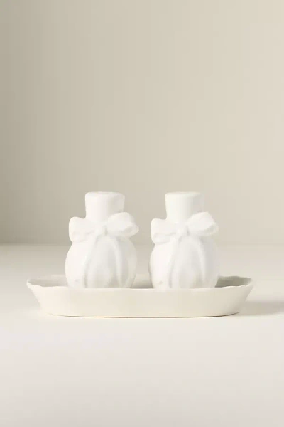 Anthropologie Benedita Stoneware Bow Salt & Pepper Shakers In White