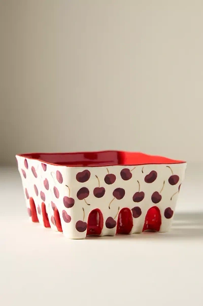 Anthropologie Berry Icon Handpainted Stoneware Berry Basket In Red